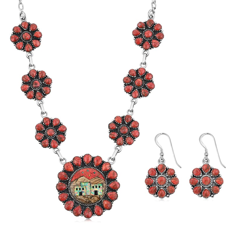 2 Piece Set - Santa Fe Style Red Coral, Multi Gemstone 32.30 ctw Necklace 20 Inches and Earrings in Sterling Silver