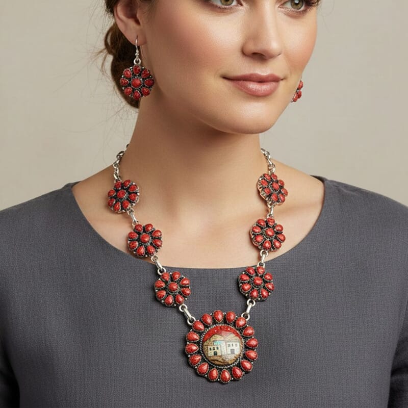 2 Piece Set - Santa Fe Style Red Coral, Multi Gemstone 32.30 ctw Necklace 20 Inches and Earrings in Sterling Silver