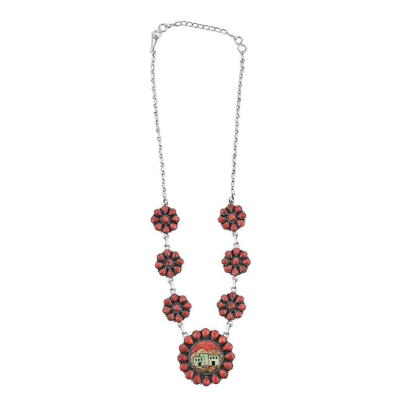 2 Piece Set - Santa Fe Style Red Coral, Multi Gemstone 32.30 ctw Necklace 20 Inches and Earrings in Sterling Silver