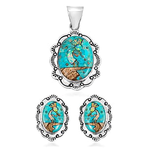 2 Piece Set - Santa Fe Style Kingman Turquoise, Multi Gemstone Pendant without Chain and Earrings in Sterling Silver 5.25 ctw