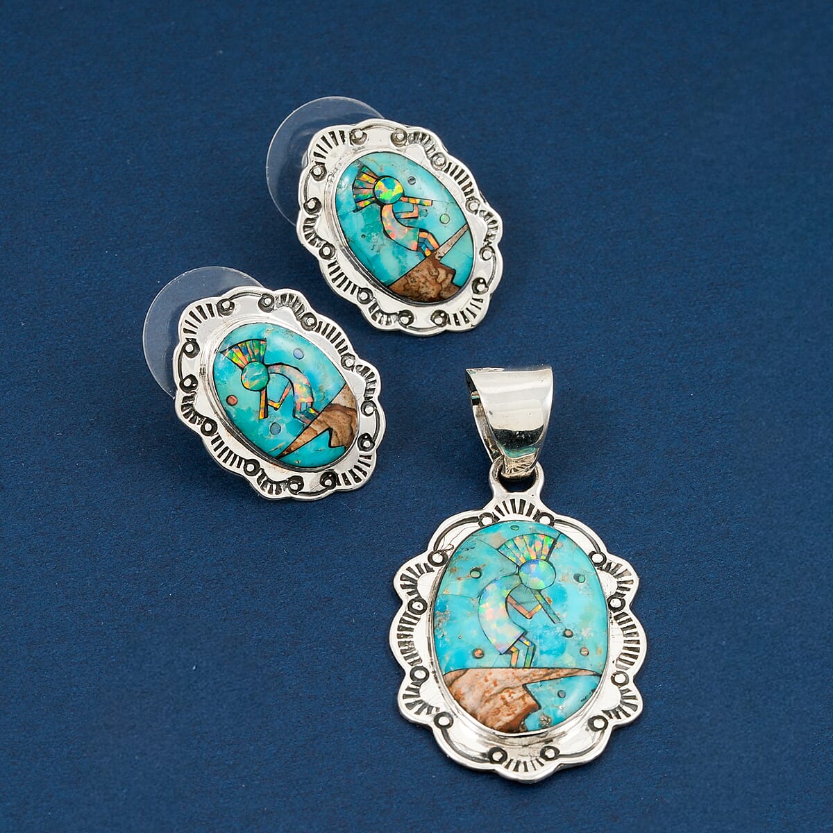 2 Piece Set - Santa Fe Style Kingman Turquoise, Multi Gemstone Pendant without Chain and Earrings in Sterling Silver 5.25 ctw image number 1