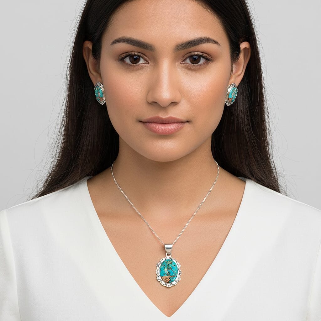 2 Piece Set - Santa Fe Style Kingman Turquoise and Multi Gemstone 5.25 ctw Kokopelli Pendant without Chain and Earrings in Sterling Silver