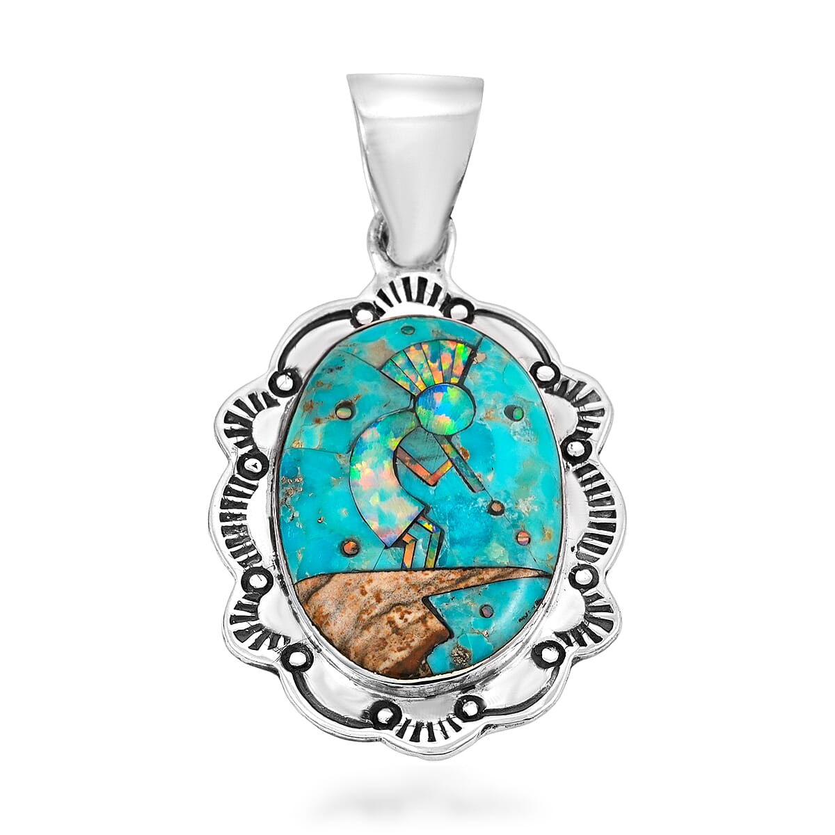 2 Piece Set - Santa Fe Style Kingman Turquoise and Multi Gemstone 5.25 ctw Kokopelli Pendant without Chain and Earrings in Sterling Silver