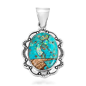 2 Piece Set - Santa Fe Style Kingman Turquoise and Multi Gemstone 5.25 ctw Pendant without Chain and Earrings in Sterling Silver