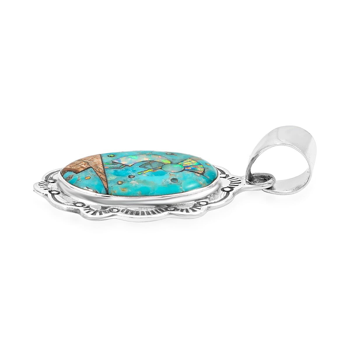 2 Piece Set - Santa Fe Style Kingman Turquoise, Multi Gemstone Pendant without Chain and Earrings in Sterling Silver 5.25 ctw image number 4