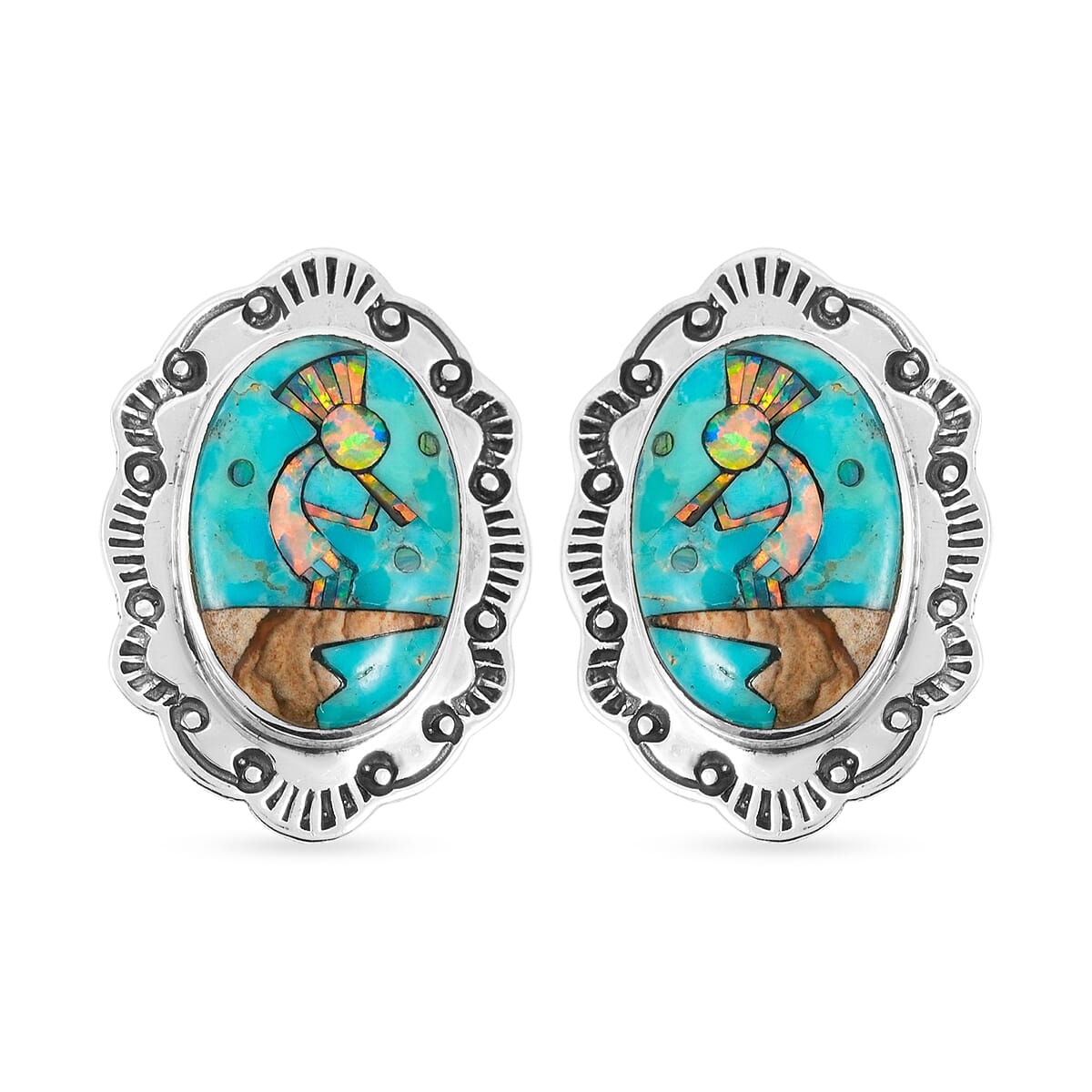 2 Piece Set - Santa Fe Style Kingman Turquoise and Multi Gemstone 5.25 ctw Kokopelli Pendant without Chain and Earrings in Sterling Silver