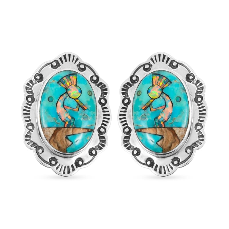 2 Piece Set - Santa Fe Style Kingman Turquoise and Multi Gemstone 5.25 ctw Kokopelli Pendant without Chain and Earrings in Sterling Silver