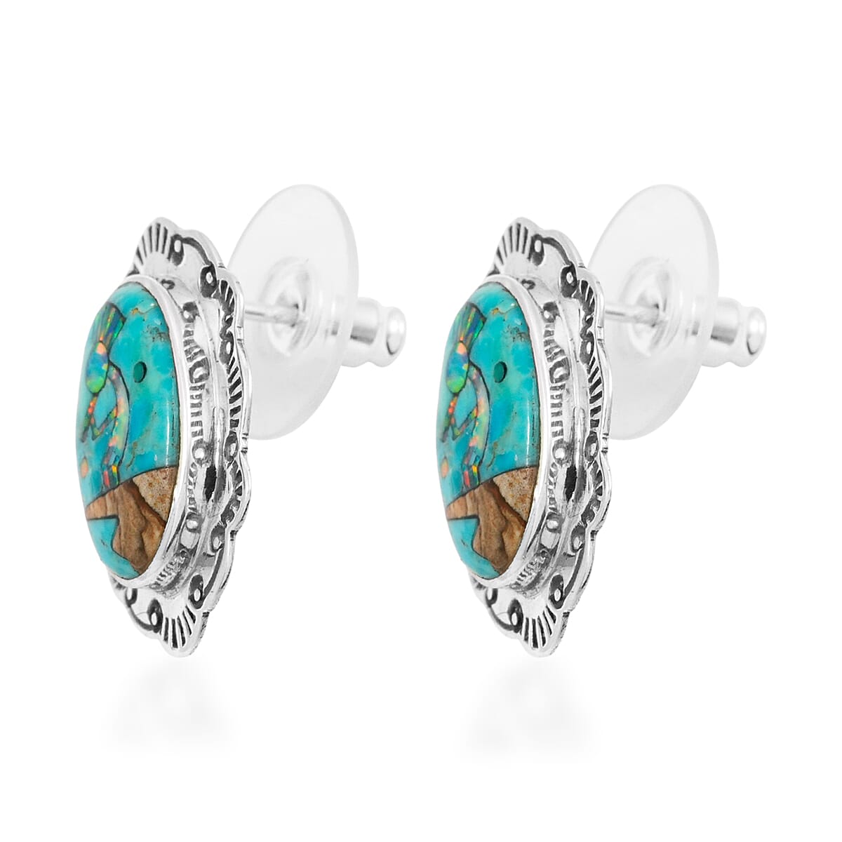 2 Piece Set - Santa Fe Style Kingman Turquoise and Multi Gemstone 5.25 ctw Kokopelli Pendant without Chain and Earrings in Sterling Silver