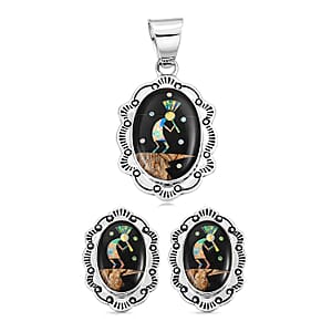 2 Piece Set - Santa Fe Style Black Onyx and Multi Gemstone 5.25 ctw Pendant without Chain and Earrings in Sterling Silver