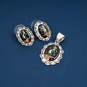2 Piece Set - Santa Fe Style Black Onyx and Multi Gemstone 5.25 ctw Kokopelli Pendant without Chain and Earrings in Sterling Silver