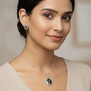 2 Piece Set - Santa Fe Style Black Onyx and Multi Gemstone 5.25 ctw Kokopelli Pendant without Chain and Earrings in Sterling Silver