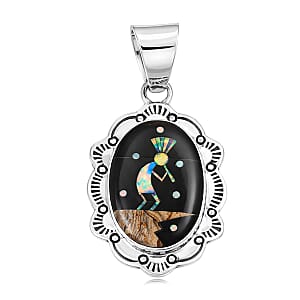 2 Piece Set - Santa Fe Style Black Onyx and Multi Gemstone 5.25 ctw Kokopelli Pendant without Chain and Earrings in Sterling Silver