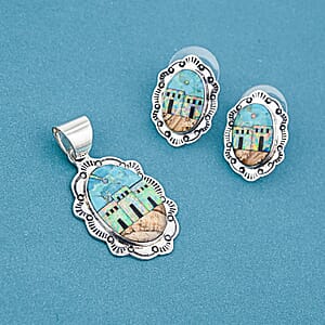 2 Piece Set - Santa Fe Style Kingman Turquoise and Multi Gemstone 5.25 ctw Pendant without Chain and Earrings in Sterling Silver