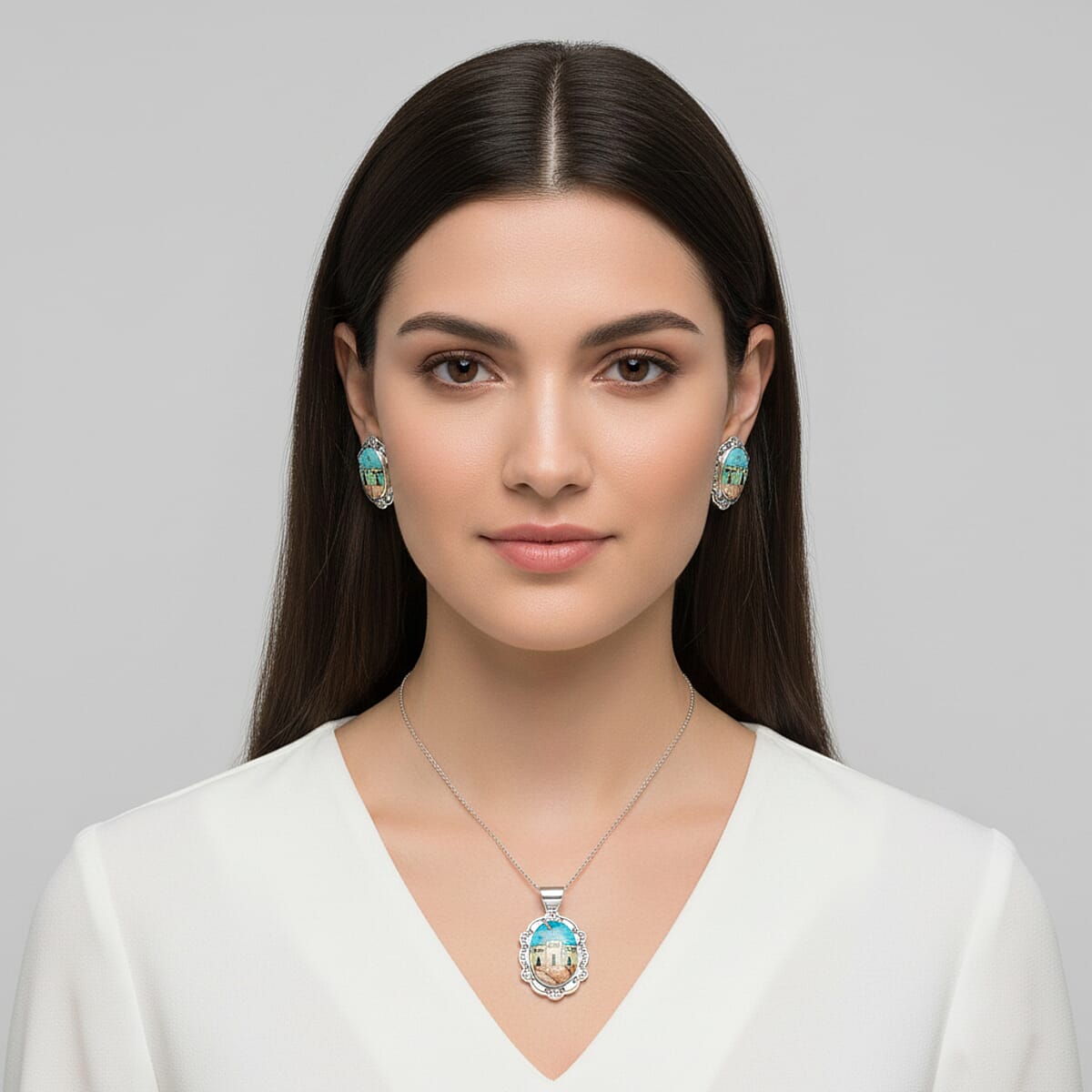 2 Piece Set - Santa Fe Style Kingman Turquoise, Multi Gemstone Pendant without Chain and Earrings in Sterling Silver 5.25 ctw image number 2