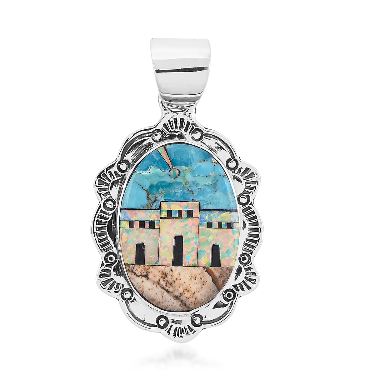 2 Piece Set - Santa Fe Style Kingman Turquoise, Multi Gemstone Pendant without Chain and Earrings in Sterling Silver 5.25 ctw image number 3