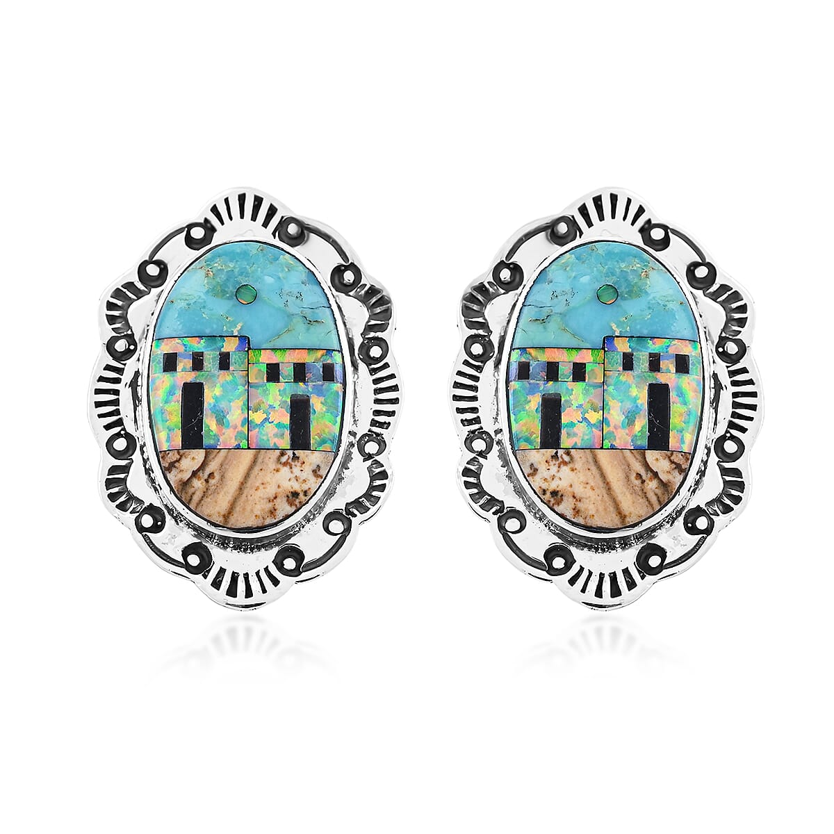 2 Piece Set - Santa Fe Style Kingman Turquoise, Multi Gemstone Pendant without Chain and Earrings in Sterling Silver 5.25 ctw image number 6