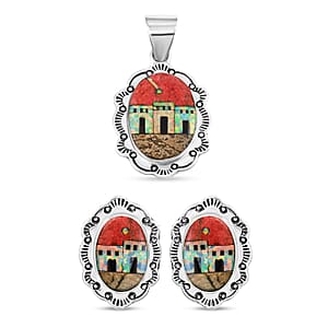 2 Piece Set Santa Fe Style Red Coral, Multi Gemstone 5.25 ctw Pueblo Pendant and Earrings in Sterling Silver 