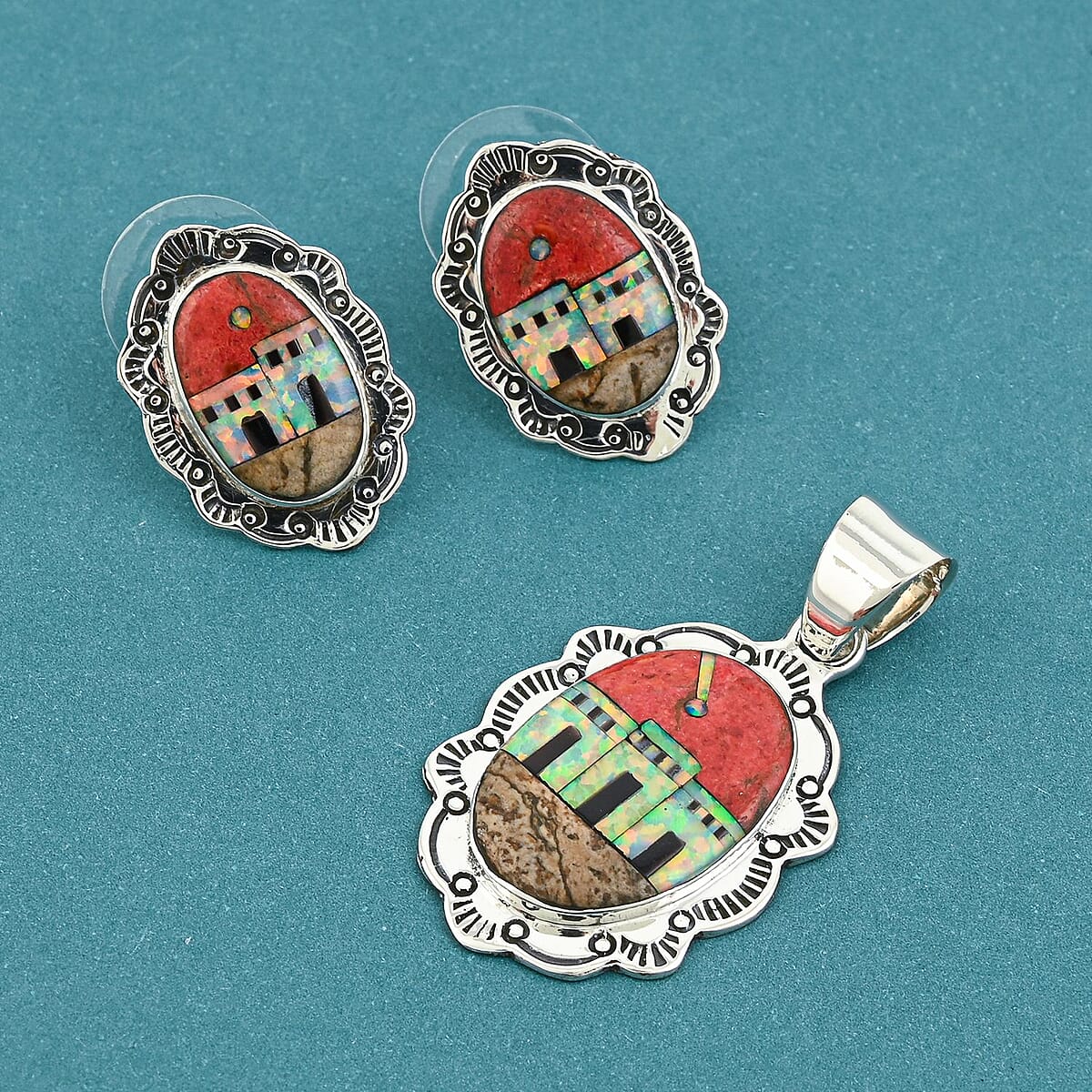 2 Piece Set Santa Fe Style Red Coral, Multi Gemstone 5.25 ctw Pueblo Pendant and Earrings in Sterling Silver  image number 1