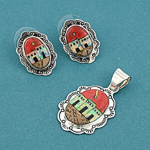 2 Piece Set Santa Fe Style Red Coral, Multi Gemstone 5.25 ctw Pueblo Pendant and Earrings in Sterling Silver 