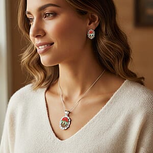 2 Piece Set Santa Fe Style Red Coral, Multi Gemstone 5.25 ctw Pueblo Pendant and Earrings in Sterling Silver 