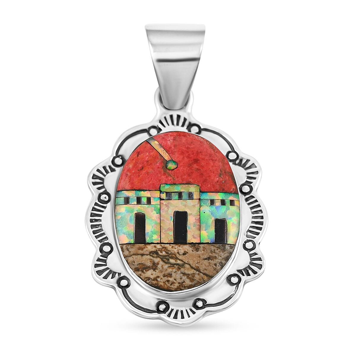 2 Piece Set Santa Fe Style Red Coral, Multi Gemstone 5.25 ctw Pueblo Pendant and Earrings in Sterling Silver  image number 3