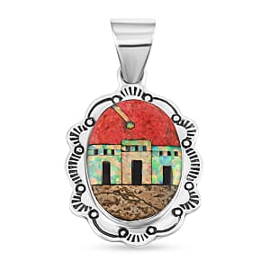2 Piece Set Santa Fe Style Red Coral, Multi Gemstone 5.25 ctw Pueblo Pendant and Earrings in Sterling Silver 