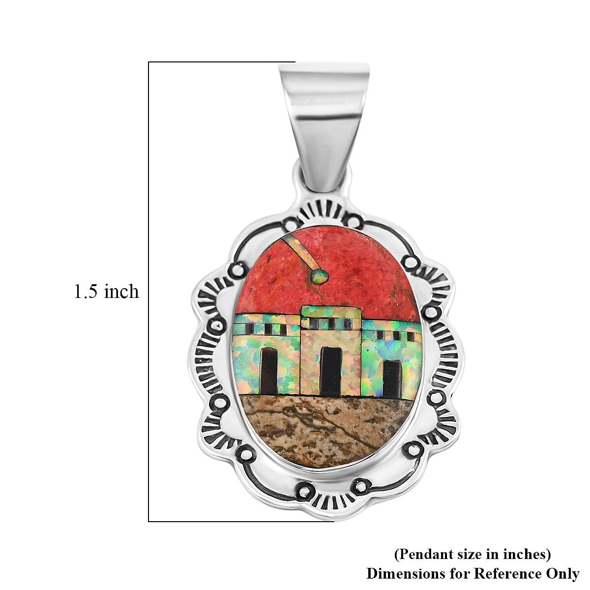 2 Piece Set Santa Fe Style Red Coral, Multi Gemstone 5.25 ctw Pueblo Pendant and Earrings in Sterling Silver  image number 5