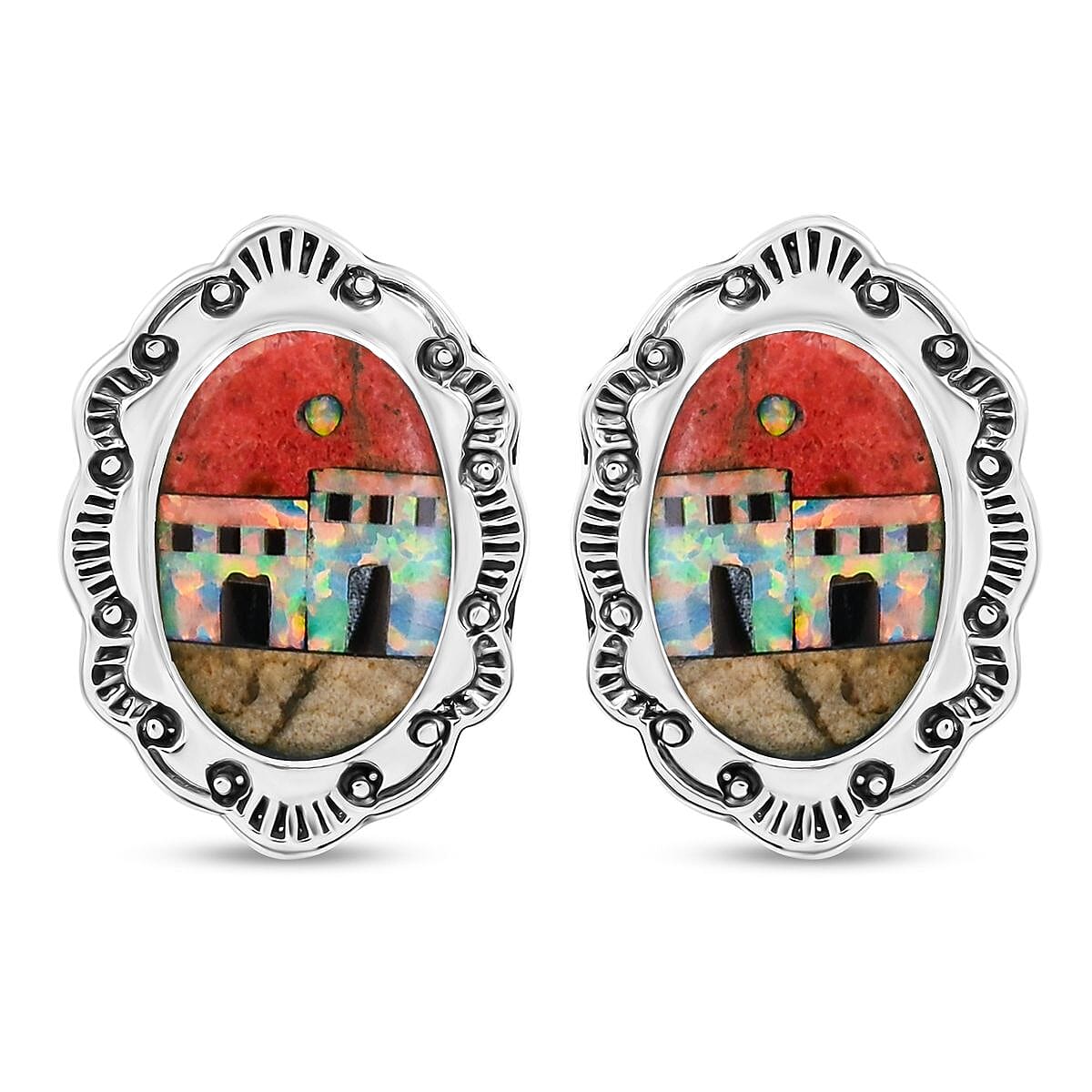 2 Piece Set Santa Fe Style Red Coral, Multi Gemstone 5.25 ctw Pueblo Pendant and Earrings in Sterling Silver  image number 6