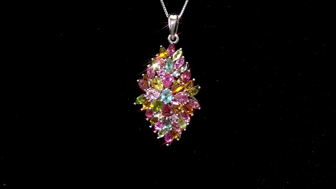 D'Joy Premium Multi Tourmaline 4.00 ctw Auroras Bloom Pendant Necklace in Rhodium Over Sterling Silver 20 Inches