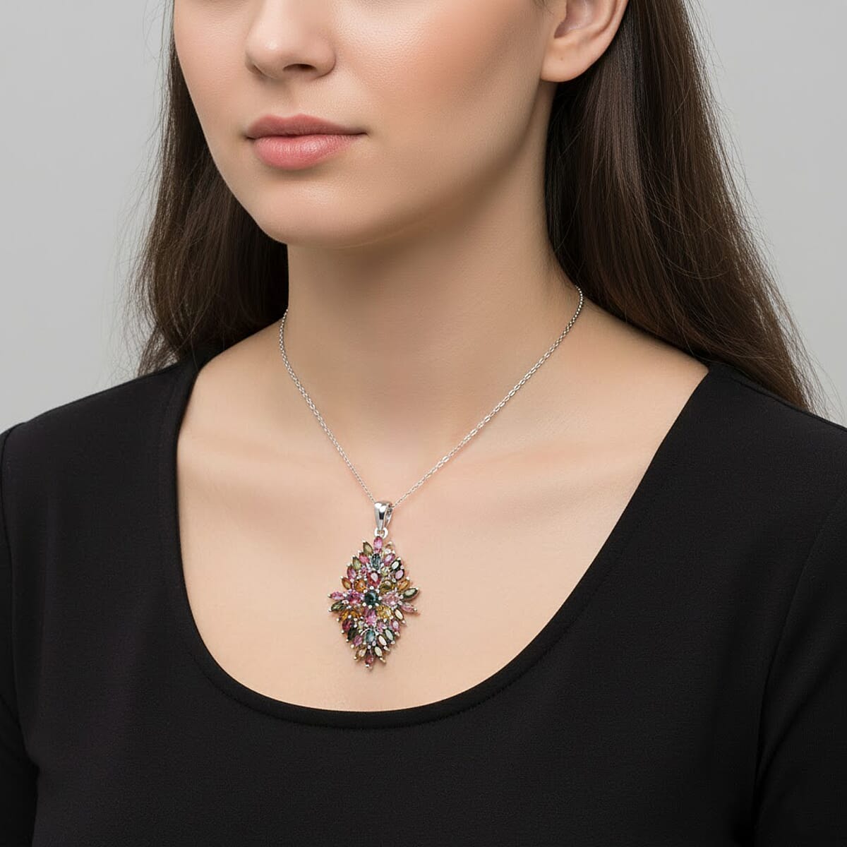 D'Joy Premium Multi Tourmaline 4.00 ctw Auroras Bloom Pendant Necklace in Rhodium Over Sterling Silver 20 Inches image number 2