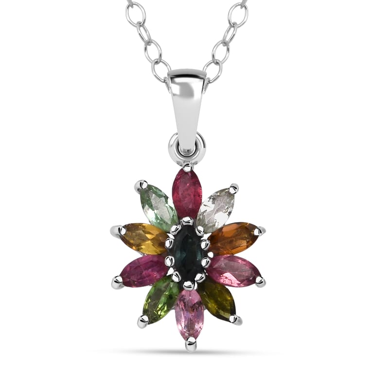 D'Joy Multi Tourmaline Pendant Necklace in Rhodium Over Sterling Silver 0.90 ctw (20 Inches)