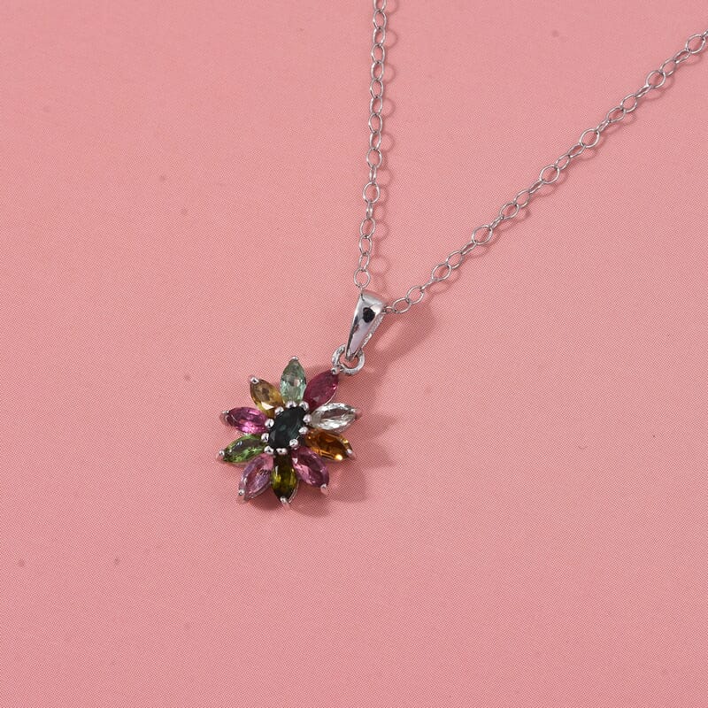 D'Joy Multi Tourmaline Pendant Necklace in Rhodium Over Sterling Silver 0.90 ctw (20 Inches)
