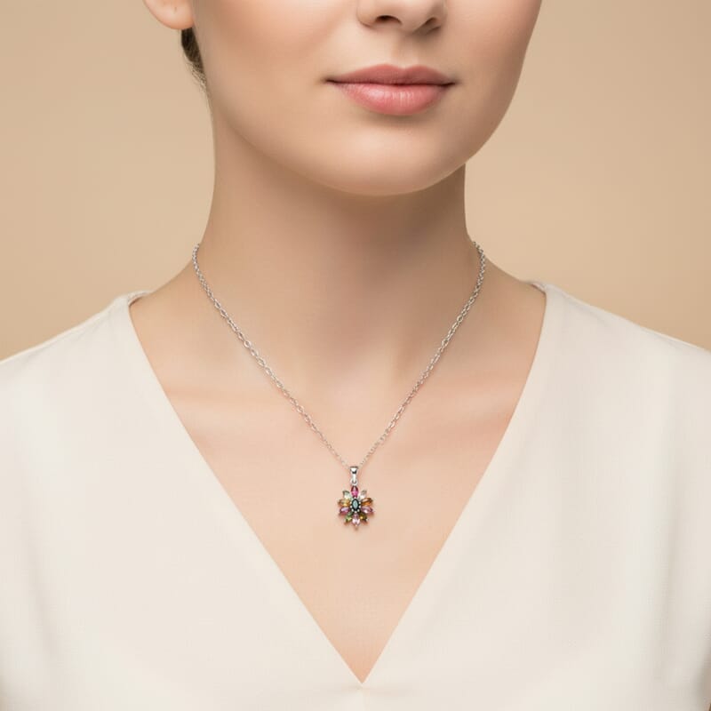 D'Joy Multi Tourmaline Pendant Necklace in Rhodium Over Sterling Silver 0.90 ctw (20 Inches)