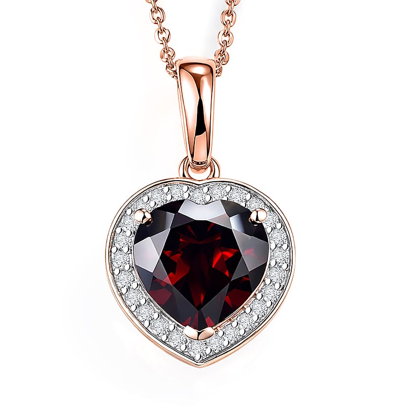 D'Joy Mozambique Garnet and Moissanite 4.00 ctw Heartfire Glow Pendant Necklace in 18K Vermeil Rose Gold Over Sterling Silver 20 Inches