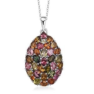 D'Joy Premium Multi Tourmaline 5.75 ctw Mosaic Bloom Pendant Necklace in Rhodium Over Sterling Silver 20 Inches