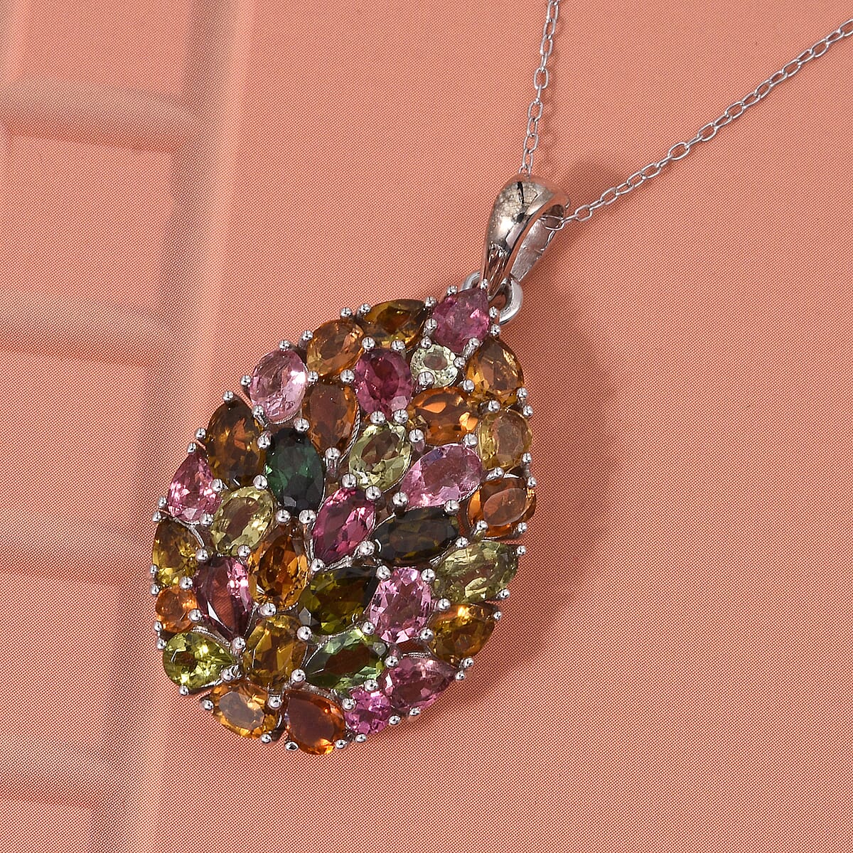 D'Joy Premium Multi Tourmaline 5.75 ctw Mosaic Bloom Pendant Necklace in Rhodium Over Sterling Silver 20 Inches image number 1