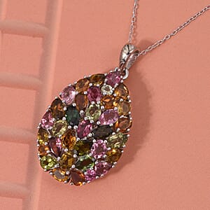 D'Joy Premium Multi Tourmaline 5.75 ctw Mosaic Bloom Pendant Necklace in Rhodium Over Sterling Silver 20 Inches