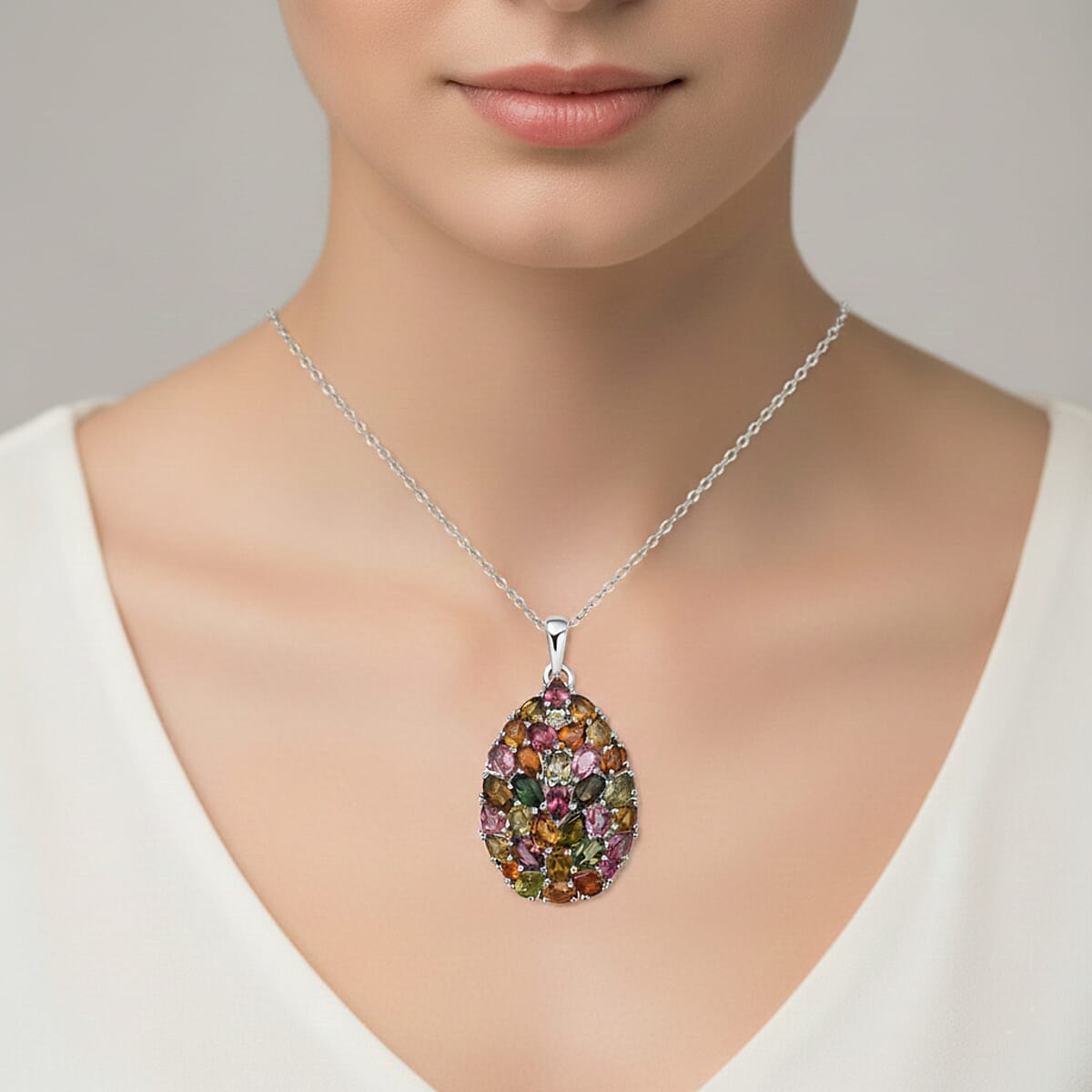 D'Joy Premium Multi Tourmaline 5.75 ctw Mosaic Bloom Pendant Necklace in Rhodium Over Sterling Silver 20 Inches image number 2