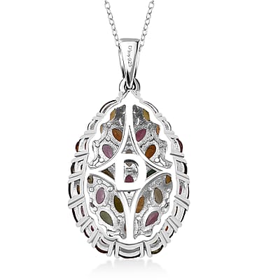 D'Joy Premium Multi Tourmaline 5.75 ctw Mosaic Bloom Pendant Necklace in Rhodium Over Sterling Silver 20 Inches