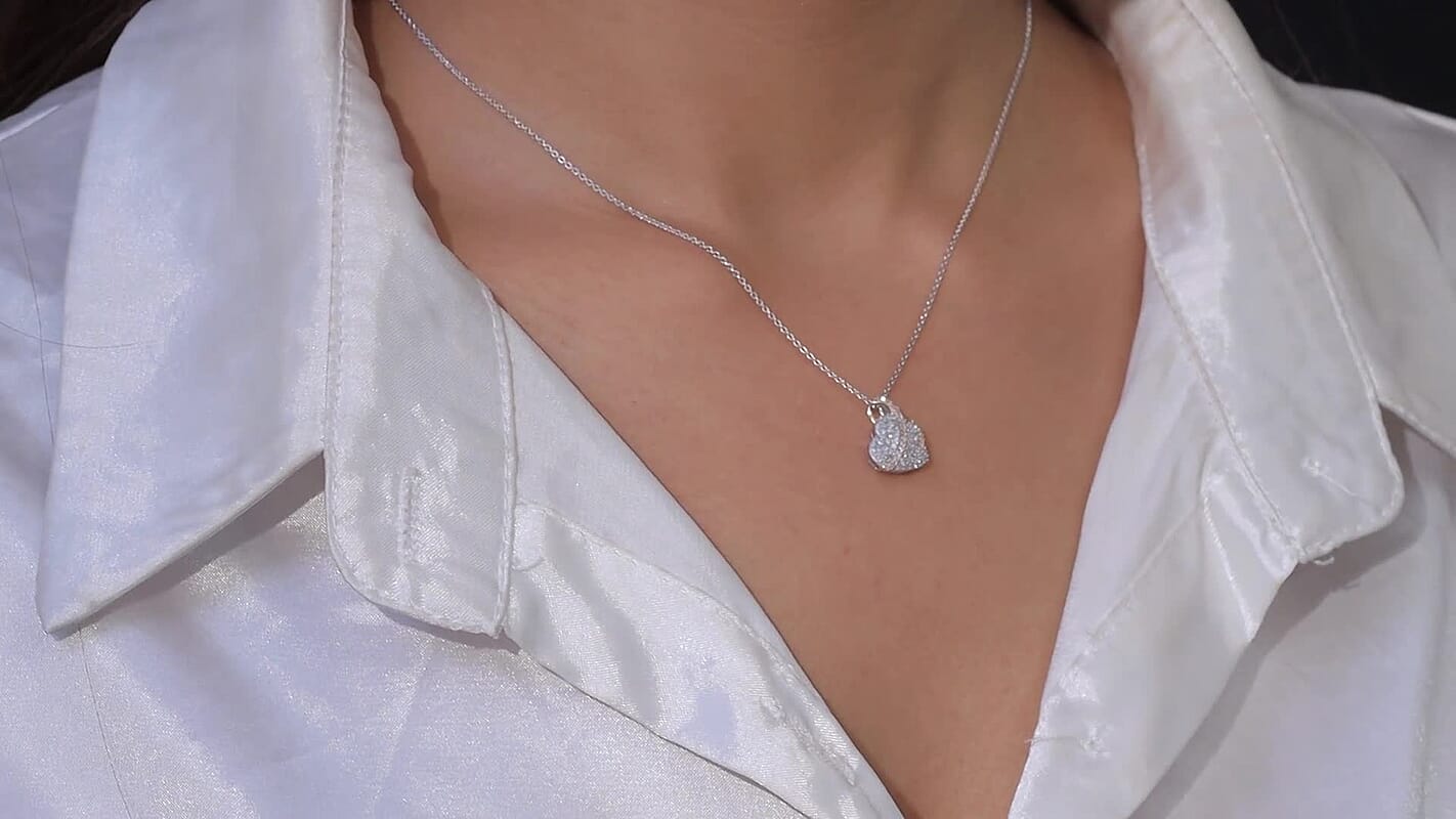 Luxuriant Lab Grown Diamond G-H SI 0.50 ctw Love Ribbon Matrix Pendant Necklace in 18K Vermeil YG and Rhodium Over Sterling Silver 20 Inches