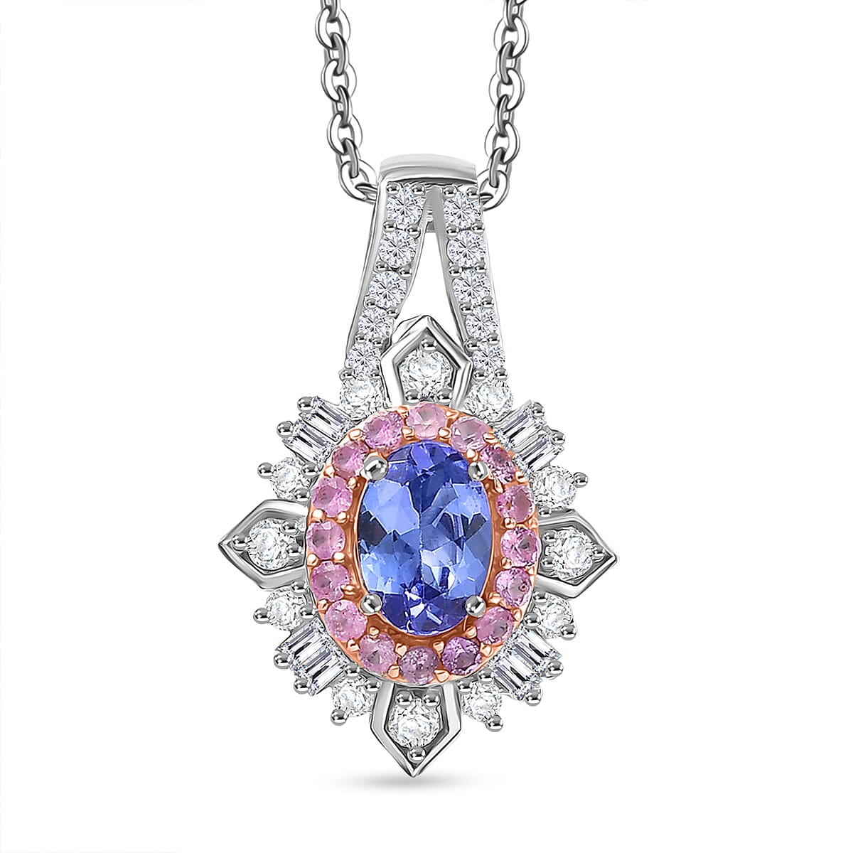 D'Joy Tanzanite and Multi Gemstone 1.65 ctw Sunburst Halo Pendant Necklace in Rhodium Over Sterling Silver 20 Inches