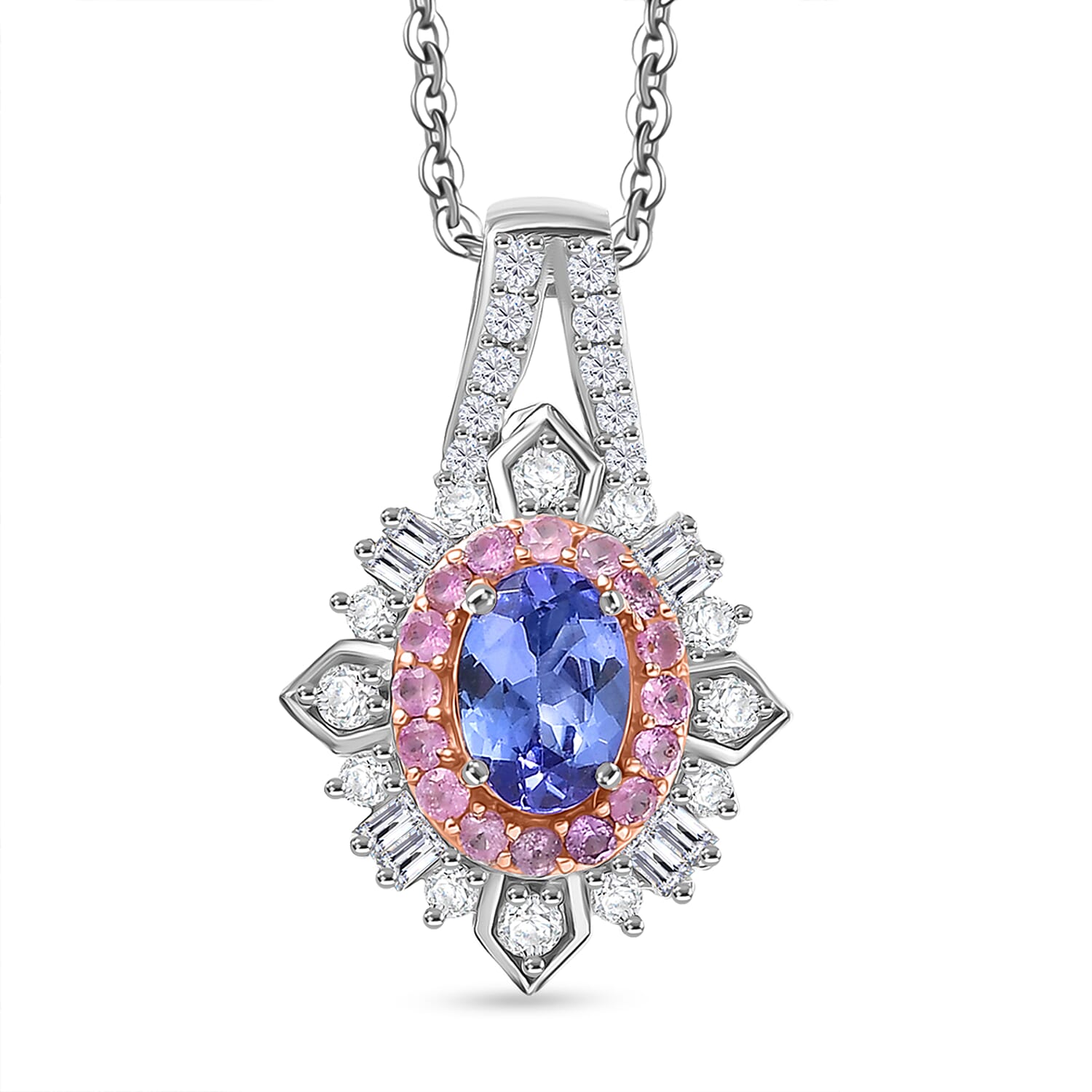 D'Joy Tanzanite and Multi Gemstone 1.65 ctw Sunburst Halo Pendant Necklace in Rhodium Over Sterling Silver 20 Inches