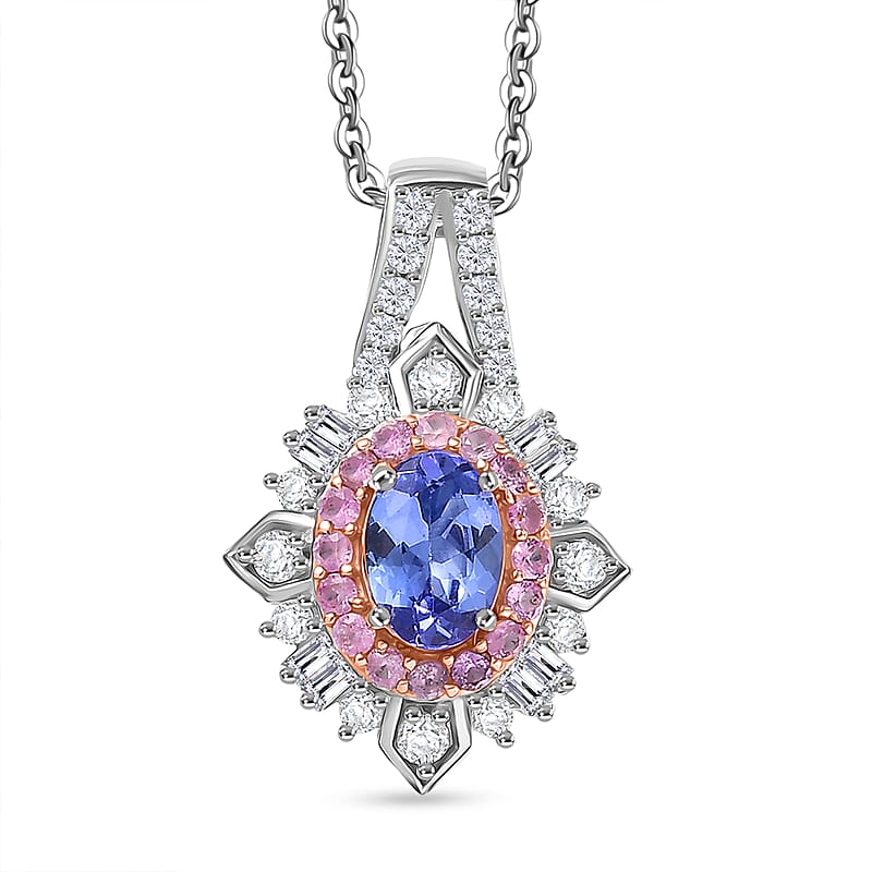 D'Joy Tanzanite and Multi Gemstone 1.65 ctw Sunburst Halo Pendant Necklace in Rhodium Over Sterling Silver 20 Inches