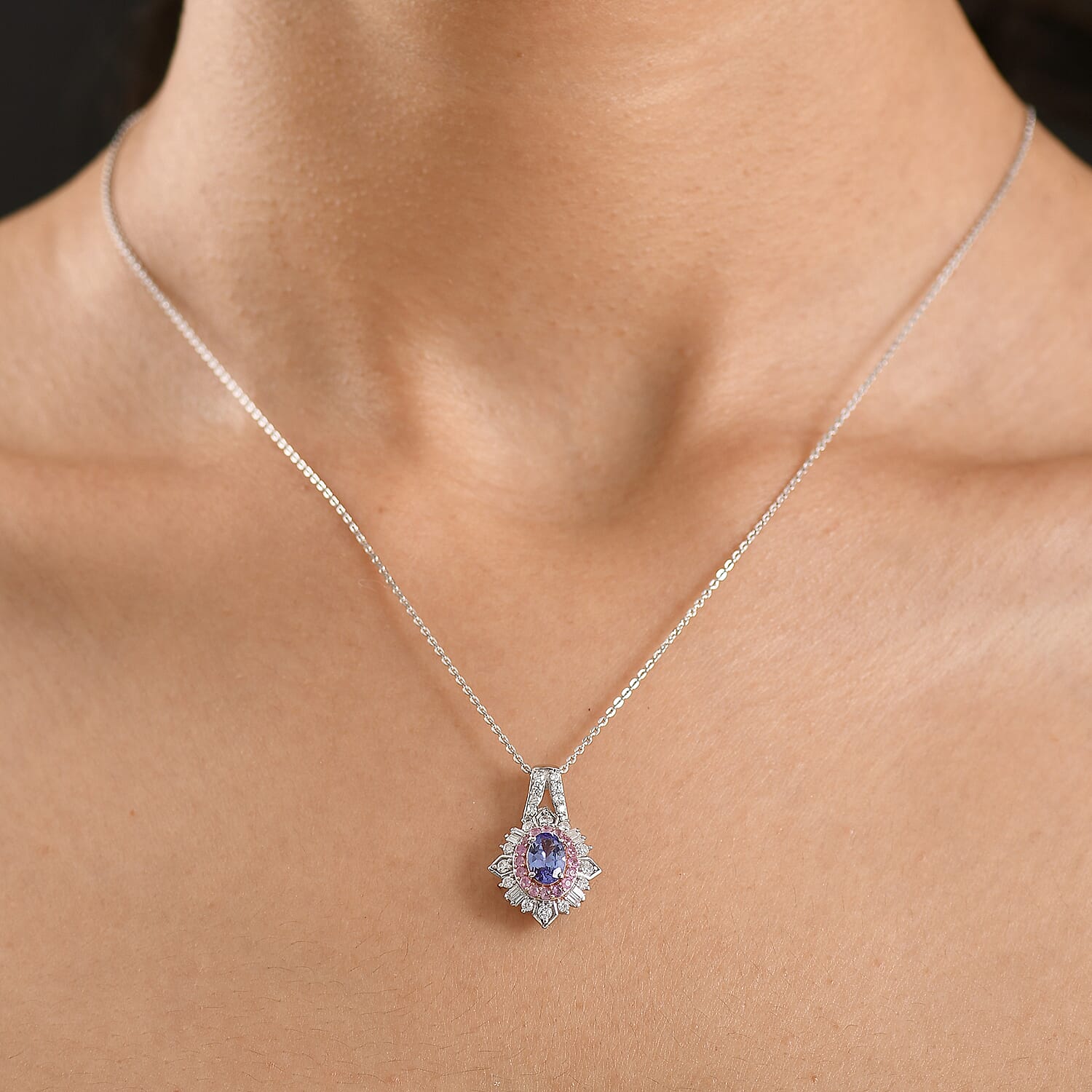 D'Joy Tanzanite and Multi Gemstone 1.65 ctw Sunburst Halo Pendant Necklace in Rhodium Over Sterling Silver 20 Inches