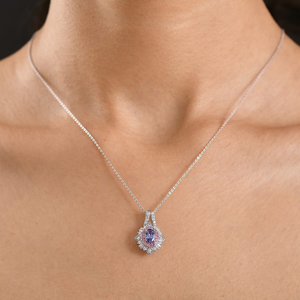 D'Joy Tanzanite and Multi Gemstone 1.65 ctw Sunburst Halo Pendant Necklace in Rhodium Over Sterling Silver 20 Inches  image number 2