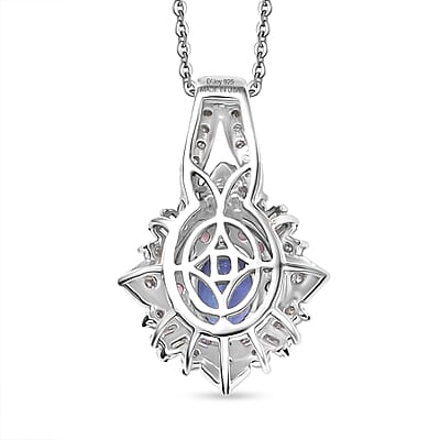 D'Joy Tanzanite and Multi Gemstone 1.65 ctw Sunburst Halo Pendant Necklace in Rhodium Over Sterling Silver 20 Inches