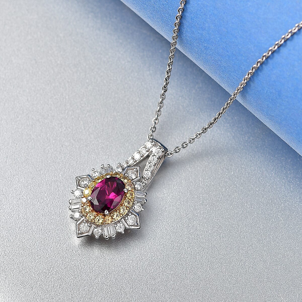 D'Joy Radiant Ember Garnet and Multi Gemstone 1.75 ctw Sunburst Halo Pendant Necklace in Rhodium Over Sterling Silver 20 Inches  image number 1