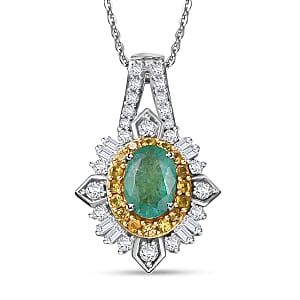 D'Joy Kagem Zambian Emerald and Multi Gemstone 1.70 ctw Sunburst Halo Pendant Necklace in Rhodium Over Sterling Silver 20 Inches 