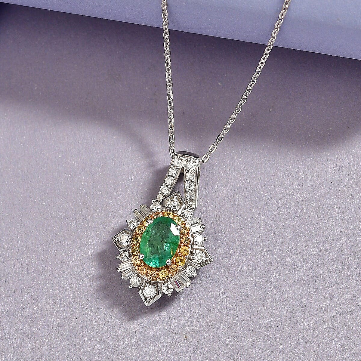 D'Joy Kagem Zambian Emerald and Multi Gemstone 1.70 ctw Sunburst Halo Pendant Necklace in Rhodium Over Sterling Silver 20 Inches  image number 1