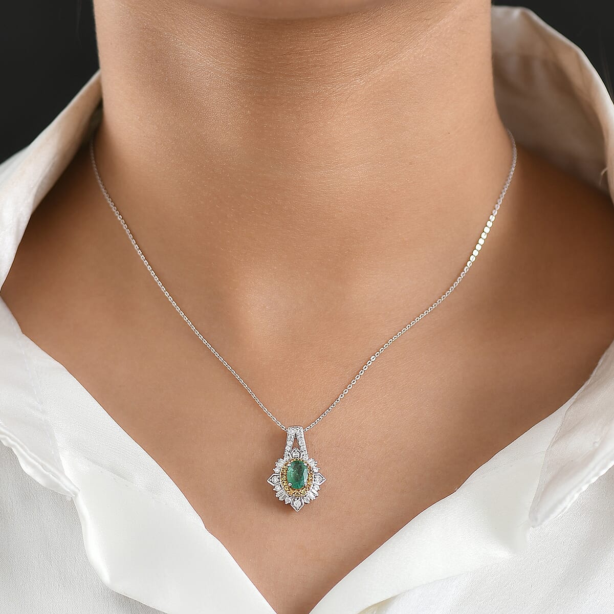 D'Joy Kagem Zambian Emerald and Multi Gemstone 1.70 ctw Sunburst Halo Pendant Necklace in Rhodium Over Sterling Silver 20 Inches  image number 2